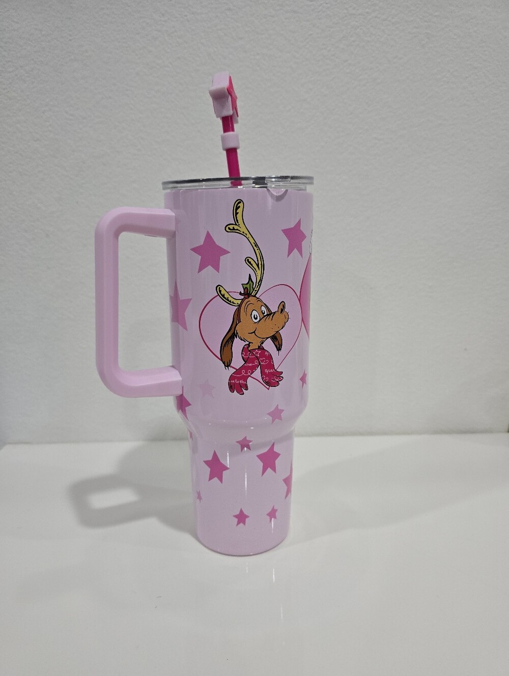 Pink Reindeer Star Stainless Steel Travel Tumbler with Handle
